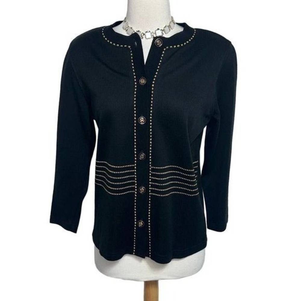 Ecco Petites Cardigan Sweater Small Black Gold Stitch Button Front 3/4 Sleeve